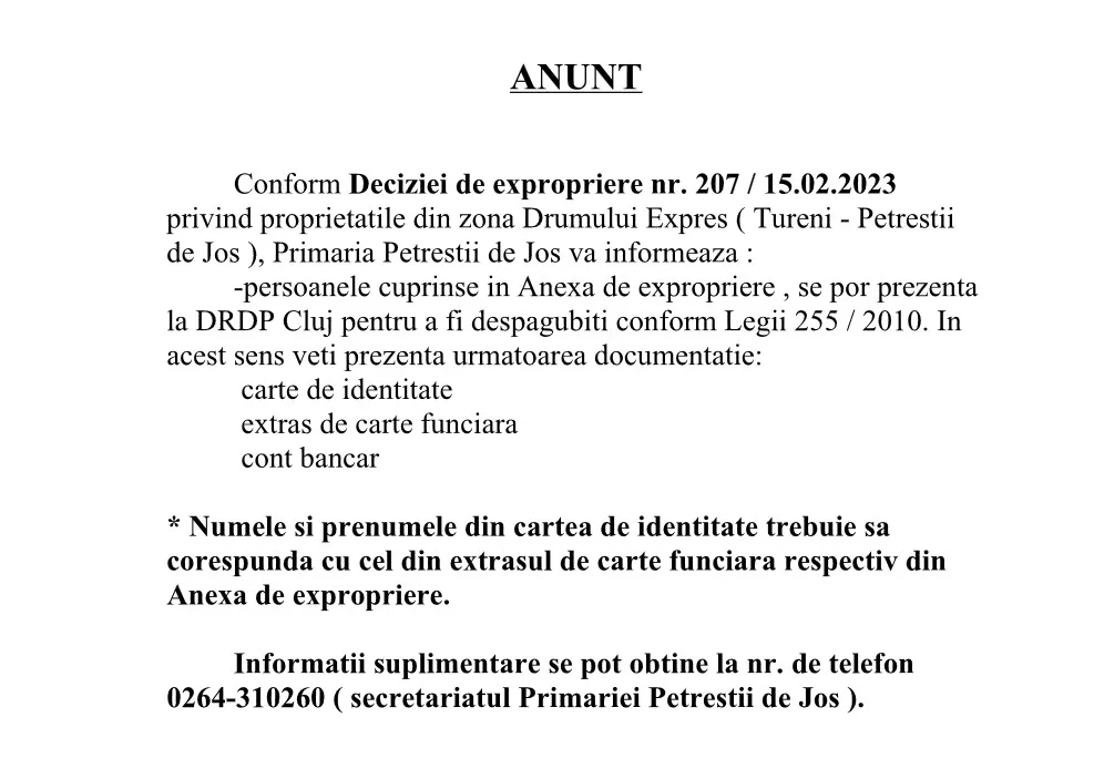 Anunț Decizie de expropriere proprietăți din zona Drumului Expres ( Tureni – Petreștii de Jos ) – Primaria Comunei Petrestii de Jos