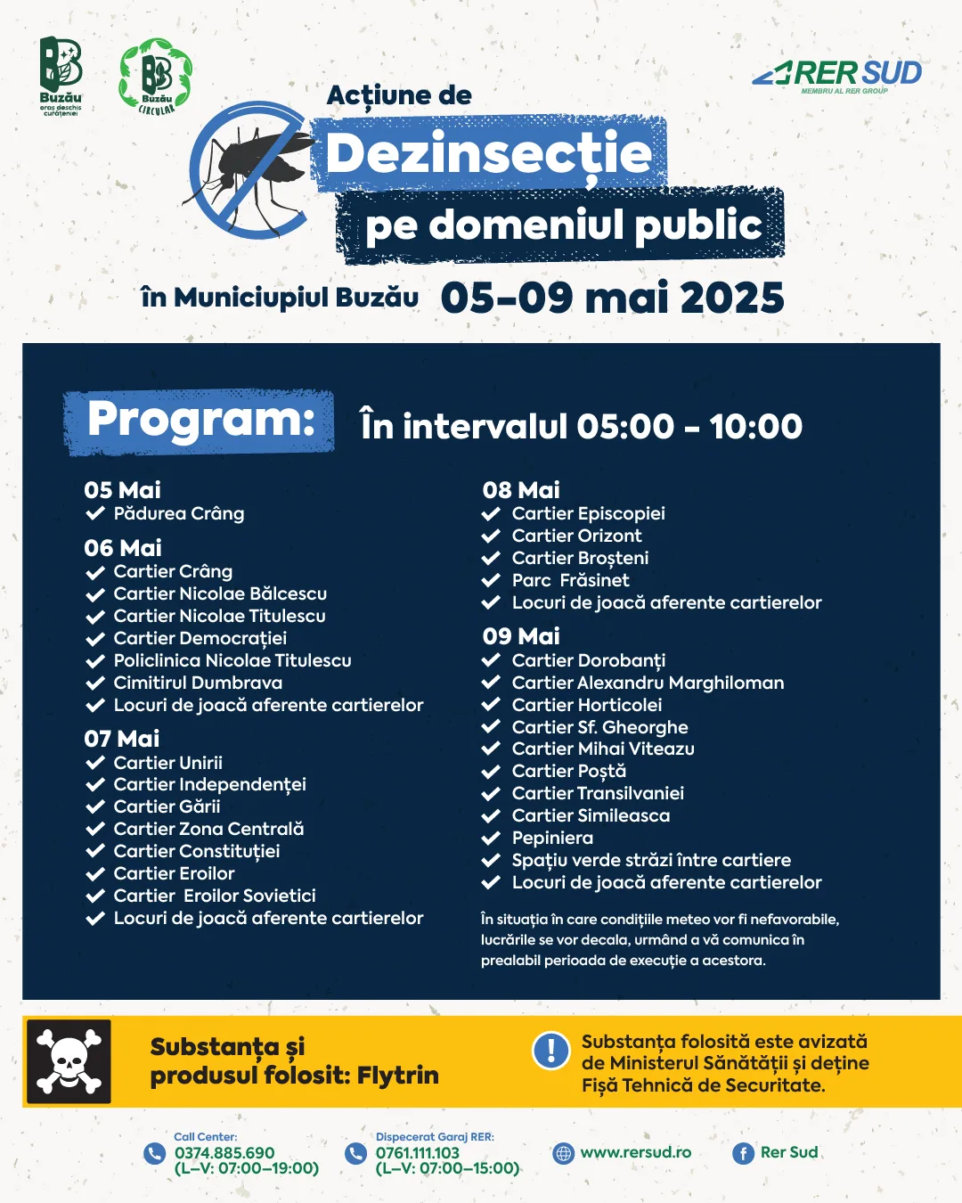 Comunicat – În perioada 05 – 09 Mai 2025 Primăria Buzău prin RER SUD, desfășoară prima etapă de dezinsecție la sol pe domeniul public din municipiul Buzău