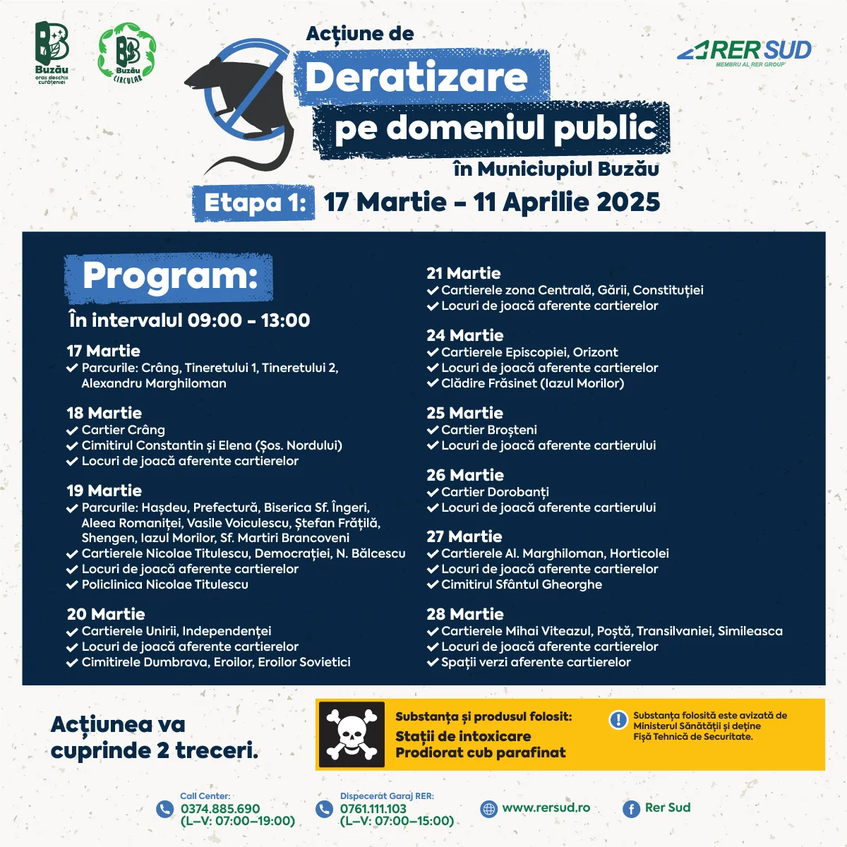Comunicat – În perioada 17 martie – 11 aprilie 2025 Primăria Municipiului Buzău prin RER SUD, în calitate de unic operator desemnat pentru prestarea serviciului de dezinfecție, dezinsecție și deratizare, desfășoară prima etapă de deratizare pe domeniul public din municipiul Buzău.